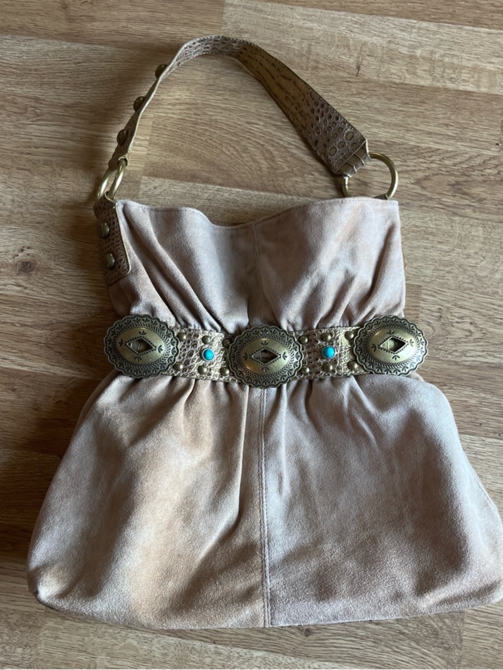 Kathy Van Zeeland Taupe Suede Shoulder Bag with Gold Concho Accents